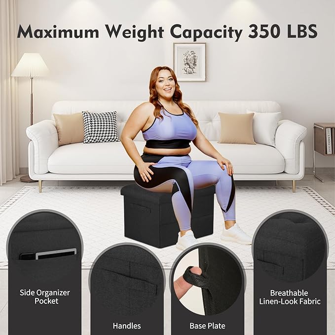 Storage Ottoman Foot Rest with Thicker Foam Padded Seat. Small Bench with Storage. 350 lbs Linen Folding Footstool Bench for Living Room, Bedroom, Home Office. 17x13x13in, Gray Black