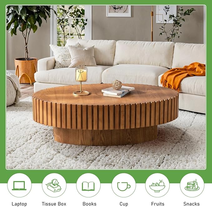 Oval Coffee Table for Living Room, 43.3'' Modern Handcraft Drum Coffee Table Unique Fluted Coffee Tables Wood Center Table End Table for Small Space, Farmhouse Apartment Office (Oval Wood)