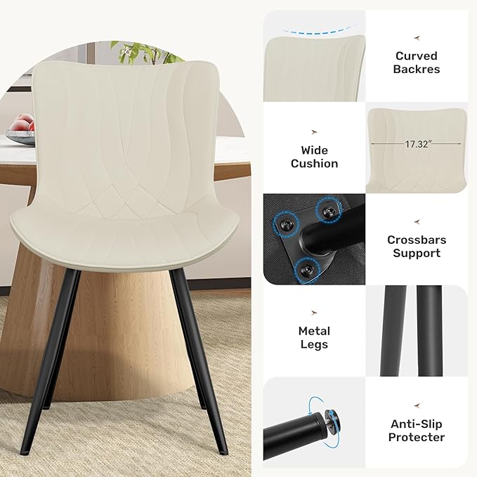 Dining Chair Set of 6 PU Leather Dining Room Chairs Upholstered Comfy Dining Chairs Modern Kitchen Armless Side Chair with Sturdy Metal Legs,Beige