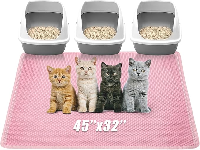 Cat Litter Mat,45"x32" Extra Large Cat Litter Box Mat,Honeycomb Double Layer Kitty Litter Trapping Mat,Soft EVA Material,Urine & Waterproof,Scatter Control,Easy Clean,Washable(Pink）