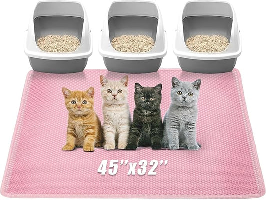 Cat Litter Mat,45"x32" Extra Large Cat Litter Box Mat,Honeycomb Double Layer Kitty Litter Trapping Mat,Soft EVA Material,Urine & Waterproof,Scatter Control,Easy Clean,Washable(Pink）