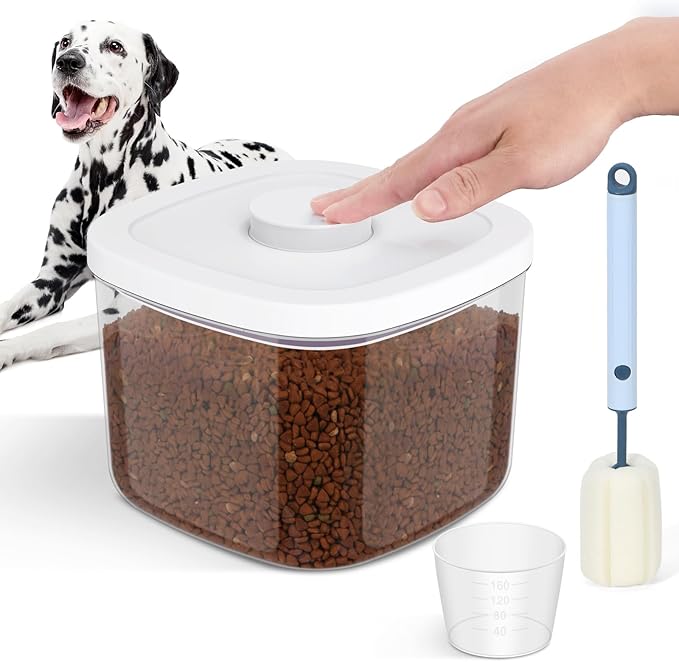 5-8 Lbs/5.28Qt Airtight Dog Cat Food Storage Container and Pet Storage Bin BPA-Free, PET Clear Stackable Dog Treat Containers Measuring Scoop Suitable for Dogs Food, Cats Food and Other Dry-Medium 5L
