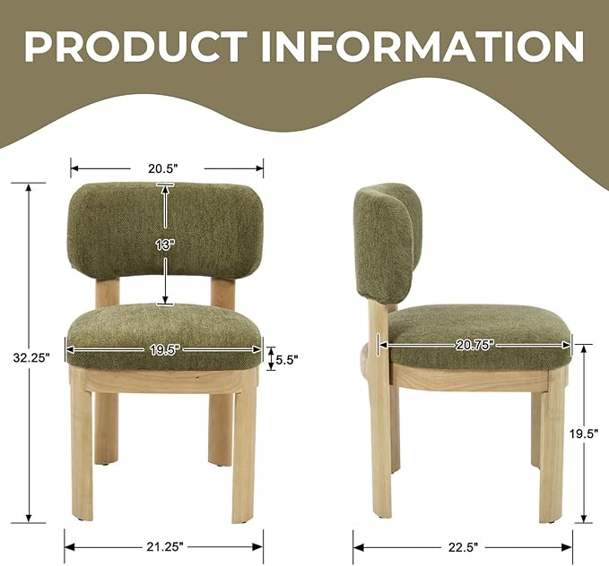 Green Upholstered Dining Chairs Set of 6 Chenille Fabric Dining Room Chairs Modern Barrel Kitchen Chairs with Curved Backrest and Wooden Legs