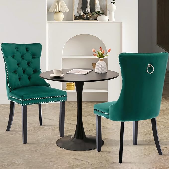 SoarFlash Kitchen Table and Chairs for 2, 31.5" Dining Table Set for 2 with Velvet Upholstered Chairs, 3 Piece Round Kitchen Table Set, Dining Room Table Set for Small Space, Apartment, Green/Black