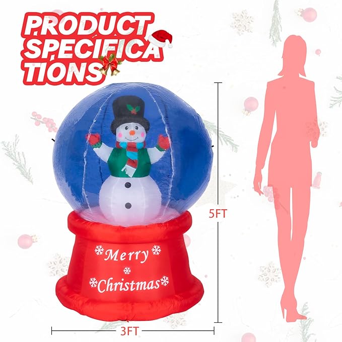 VCUTEKA Christmas Inflatables Outdoor Decorations - 5FT Inflatable Ball with Christmas Snowman Blow Up Built-in Colorful LED Lights for Holiday Yard Garden Lawn Xmas Decor
