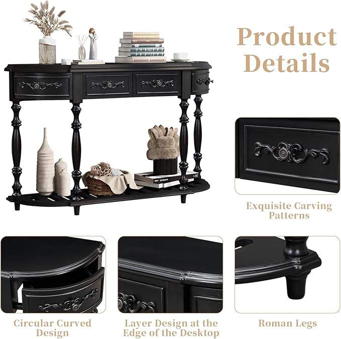 HMFULE Retro Curved Console Table, 52" Solid Wood Half Moon Console Table Sofa Table with 4 Drawers 1 Open Shelf for Living Room,Entryway,Hallway,Black