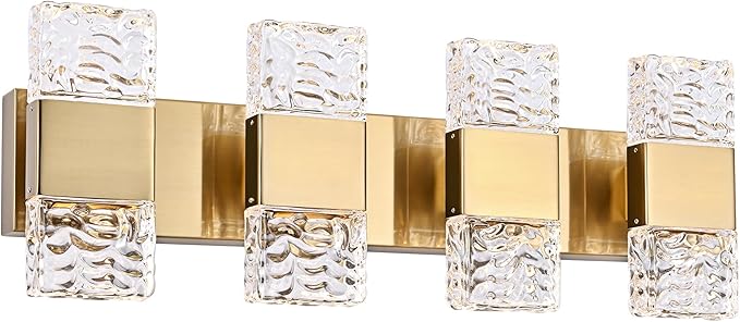 MELUCEE 4 Lights Bathroom Vanity Light Fixtures Modern LED Vanity Lighting Fixture Brass Crystal Vanity Light Bar 32W LED Wall Mounted Lamp Above Mirror Sink Dressing Table, 3000K Warm Lighting