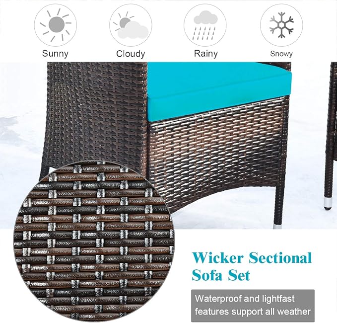 Tangkula 8 Pieces Patio Rattan Conversation Set with Tempered Glass Coffee Table & Thick Cushion, Wicker Set for Garden, Lawn, Poolside and Backyard