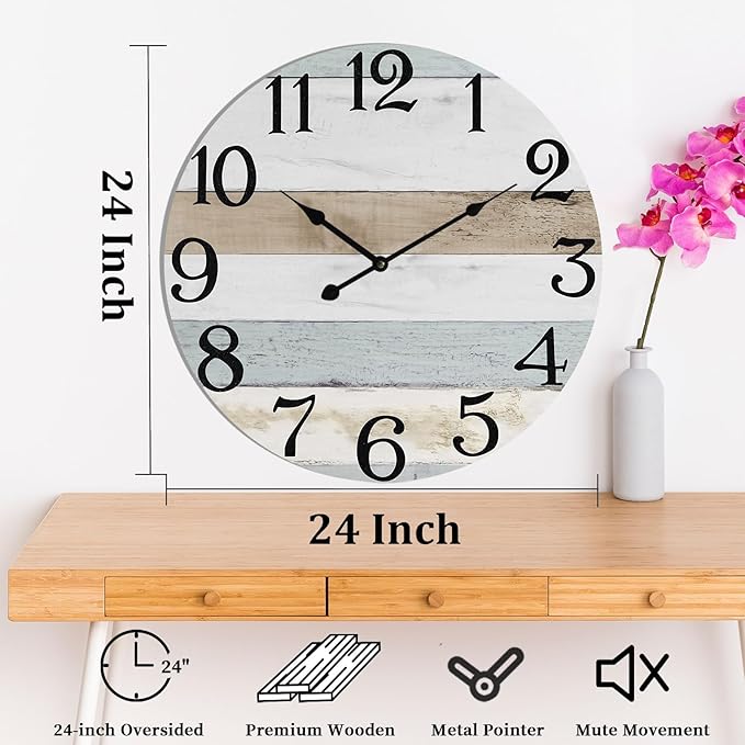 24 Inch Wall Clock Wood Round Silent Non-Ticking Clock,Large Rustic Farmhouse Blue Wall Clock with Battery Operated Vintage Decorative Clock for Living Room Kitchen Decor