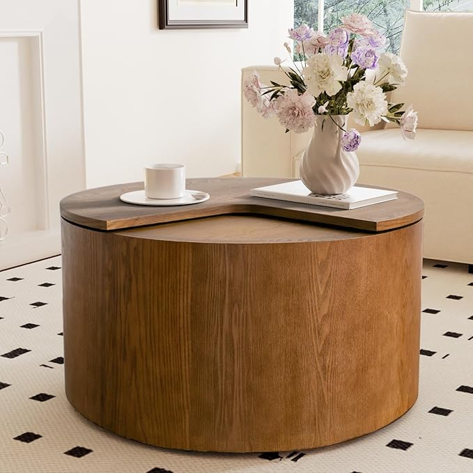 27.16" Round Coffee Table with Storage Modern Handcraft Drum Coffee Table Circle Wood Accent Center Table Small Side Table for Living Room Apartment, Small Space (Round Brown)
