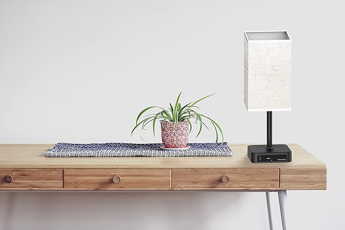 Touch Control Bedside Table Lamp with USB C & USB A Charging Port and 2 AC Outlet, Minimalist LED Desk Light with Charger Base Brown Fabric Shade for Bedroom/Nightstand/Office