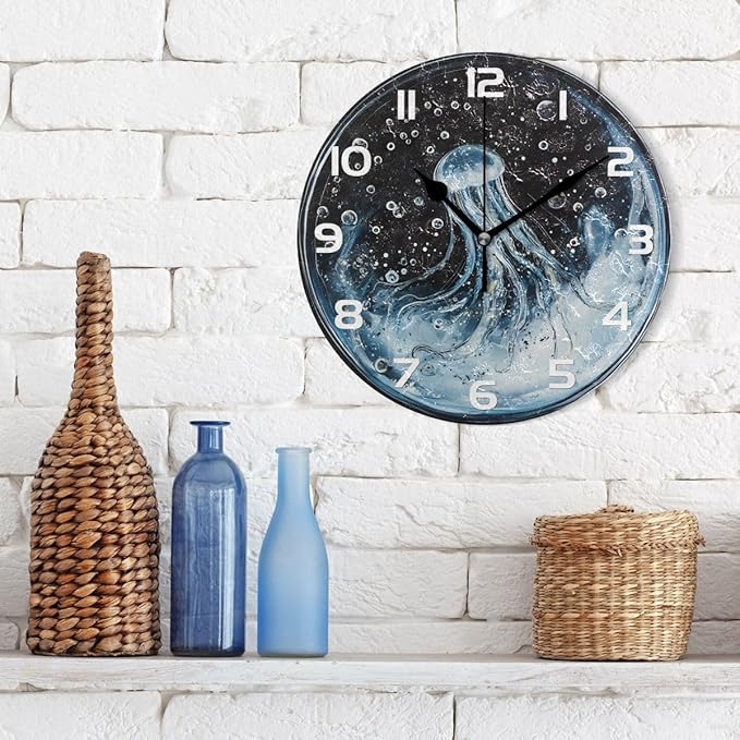 Wall Clocks Decorative Bedroom Silent Living Room Desktop Jellyfish Bubbles Tabletop Shelf Clocks Round Battery Operated 10 Inch Non-Ticking