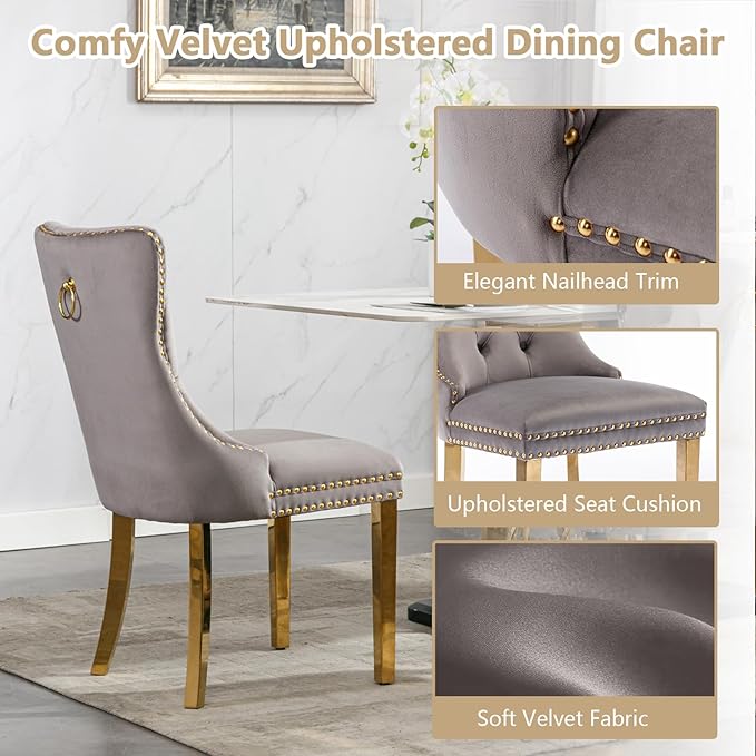 Goujxcy Modern 5 Piece Glass Dining Table Set Luxury Glass Kitchen Table and Chair Set for 4, 70" Large Rectangular Dining Room Table with 4 Tufted Chairs and Stainless Steel Legs (Gold & Grey)