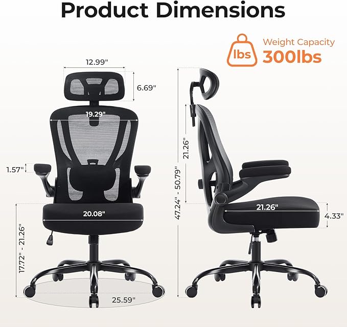 Office Chair Ergonomic Office Chair with Lumbar Support, Head Support, Rocking Function, FILP-up Armrests, Mesh High Back Chair Home Office Desk Chair, Suitable for Home, Office, Black