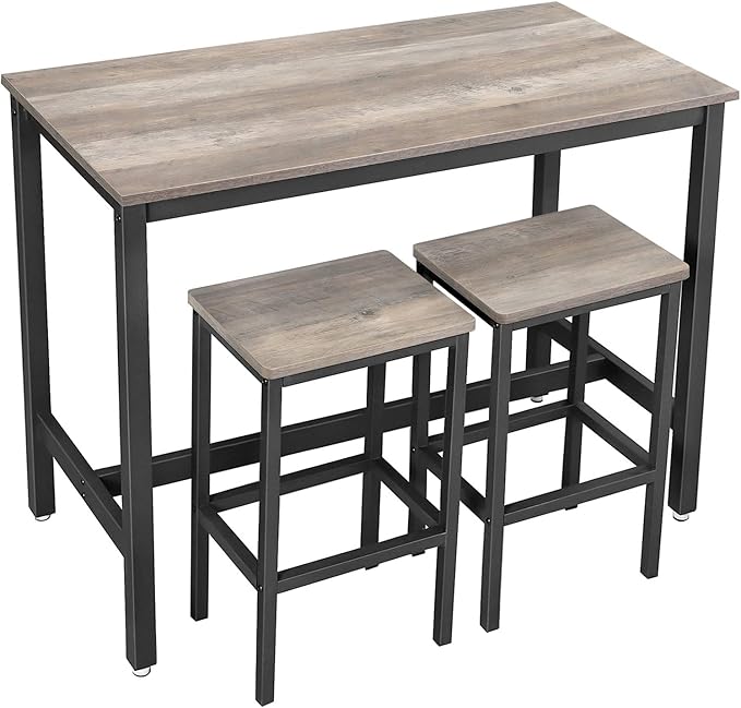 VASAGLE Bar Table and Chairs Set, Rectangular Table with 2 Stools, Dining Pub Set for 2, Space Saving for Kitchen Breakfast, Living Room, Party Room, Greige and Black ULBT015B02
