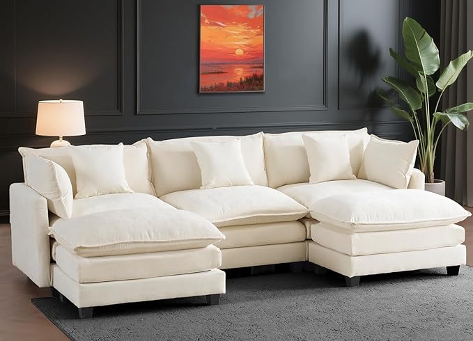 111.4" U Shaped Cloud Couch Sectional with 2 Ottoman｜Modular Chenille Sofa with 29.1" Deep Seat｜FSC Solid Wood Frame｜Easy Assembly & 1YR Guarantee｜for Living Room Bedroom Apartment