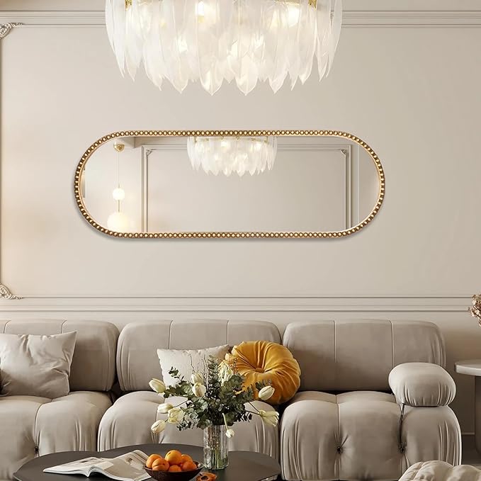 Oval Full Length Mirror, 20"x53" Metal Beaded Frame Large Hanging Dressing Floor Mirror for Bedroom, Living Room, Entryway, Antique Gold (No Stand)