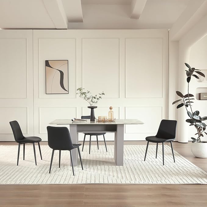 Black Leather Dining Chairs Set of 6, Mid Century Modern Faux Leather Kitchen & Dining Room Chairs, Comfortable Dinner Chair Kitchen Chair for Restaurant Living Room, Cafe, Home (6, Black)