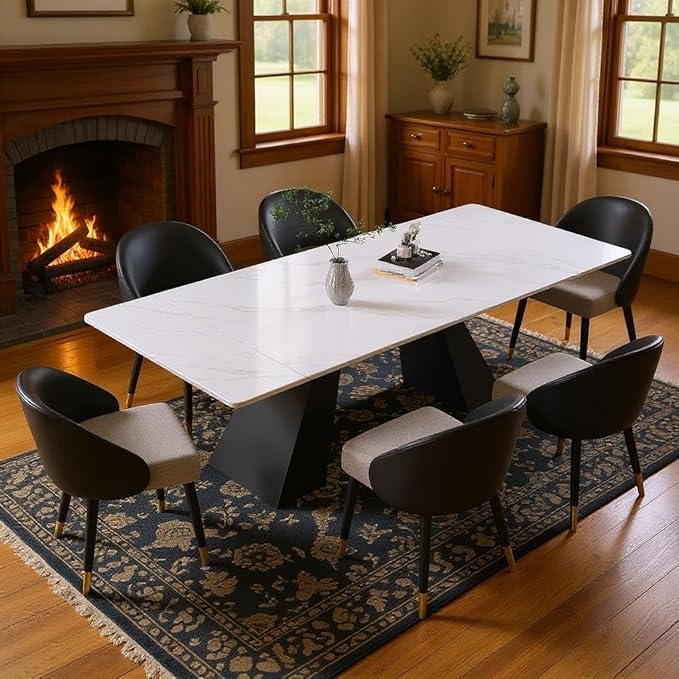 62.9" to 94" Modern Sintered Stone Luxury Rectangular Dining Table for 6-8 People, White Top with Black Base, Contemporary Style for Living Room