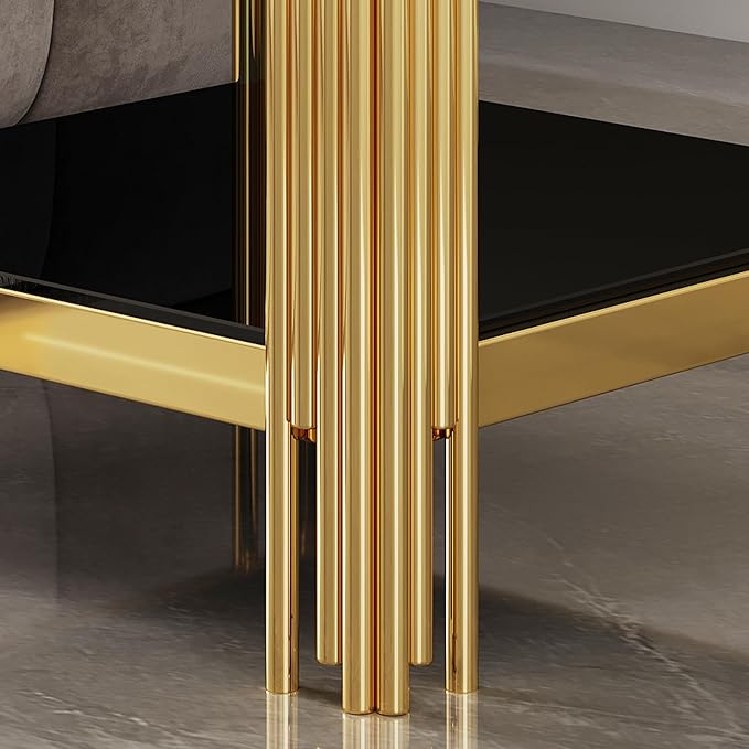 Goujxcy Modern Glass End Table Gold Sofa Side Table with Black Glass Top and Mirror Finish Stainless Steel Legs, Luxury Square Sofa Side Table Coffee Table Bedside Table for Living Room Bedroom (Gold)