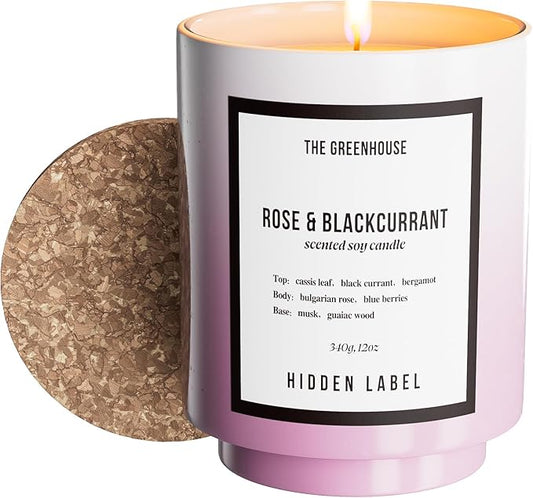 Hidden Label Rose Blackcurrant Soy Candles, 12oz Natural Soy Wax, 75 Hours Long Lasting Clean Burn, Soy Candles for Women, Aromatherapy Candle for Stress Relief, Meditation, Yoga & Relaxation