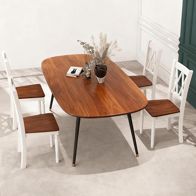 POWERSTONE Wooden Dining Chairs Set of 4, Farmhouse Kitchen Chair with High Backrest, 360 lbs Armless Dinette Seat for Kitchen, Dining Room, Living Room, White and Walnut