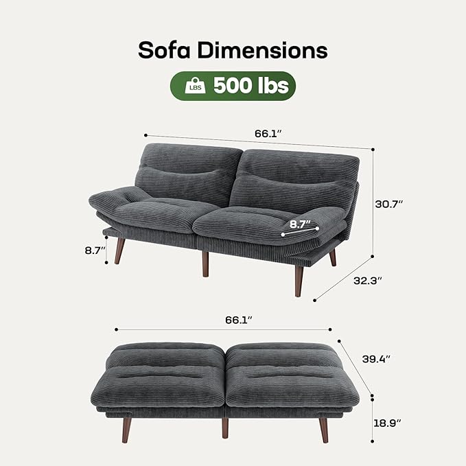 Marsail Futon Sofa Bed, Futon Couch with Adjustable Backrest & Armrests, Convertible Small Sleeper Sofa Bed for Small Apartments, Study Room, Office, Corduroy Loveseat, Dark Grey