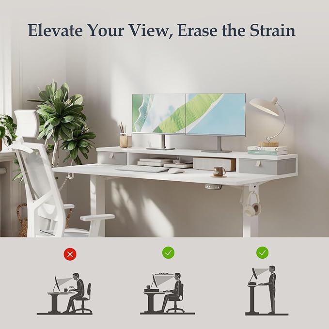 Klicelor 48 Inch Electric Standing Desk with Drawers, Adjustable Height Small Sit Stand Desk for Home Office, Compact Computer Workstation with Storage– White