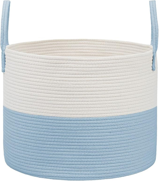 Woven Blanket Basket,115L Large Rope Storage Bin with Handles, Organizer for Blankets Toys Book and Clothes, Laundry Basket for Living Room Bedroom Nursery,White&Blue