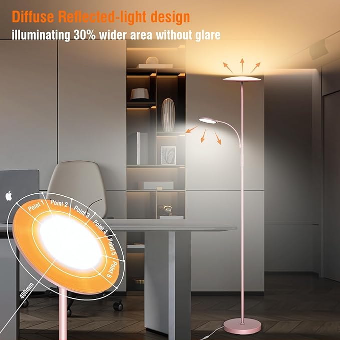 Pink Floor Lamps for Living Room, 44W/4500LM Super Bright 2 in 1 LED Floor Lamp with Remote, Stepless Dimmable, 69" Tall Standing Floor Lamp with Bendable Reading Light for Bedroom Office