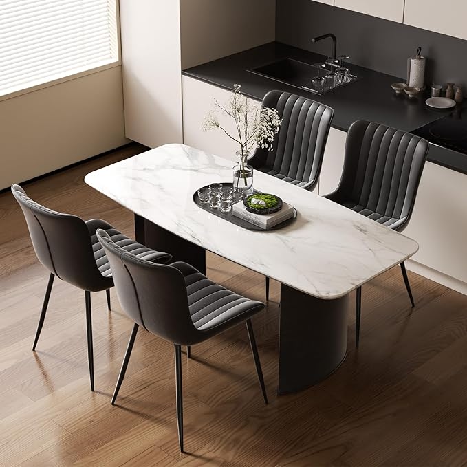 Dining Chairs, Modern Dining Room Chair 16 inch Leather with Wooden and Metal Frame, Set of 4 (Black)