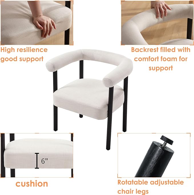 Mid-Century Modern Dining Chairs Set of 4, Armrest Barrel Dining Chairs Side Accent Chairs with Curved Back, Upholstered Wood Armchairs for Kitchen, Linen Beige