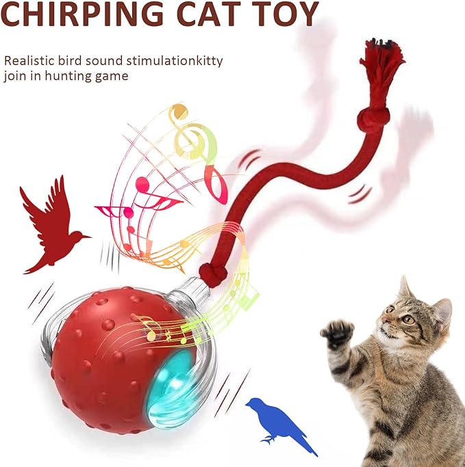 Dog Toy, 360° Rolling Interactive Ball Cat Toy with Realistic Bird Chirping Sounds, Fast Moving Balls Toys for Pets | Automatic Obstacle Avoidance, Rechargeable, Tough (Red)