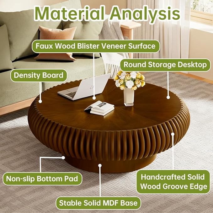 Brown Round Coffee Table for Living Room Round Fluted Drum Coffee Table Modern Walnut Fluted Coffee Tables for Living Room (Walnut, 39.3 inch)