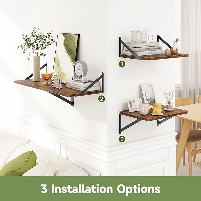 Heimlove 12 Inch Deep Floating Shelves for Wall, 16W x 12D Wide Floating Shelves Heavy Duty Wall Mounted Shelves, Wood Shelves for Living Room Bedroom Bathroom Kitchen- Set of 4