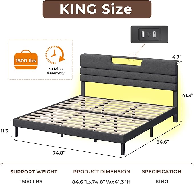 King Size Bed Frames with Upholstered Headboard, Modern Platform Bed with Charging Station and Led Lights, Bed Frame with Sturdy Wooden Slats/No Box Spring Needed/2-Tier Storage, Grey