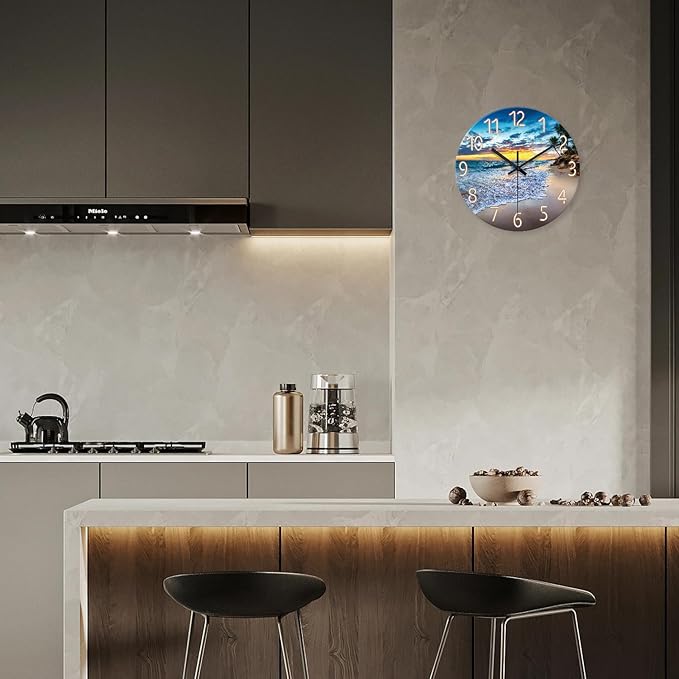 Glass Beach Wall Clocks Battery Operated 16 Inches or Larger Analog Wall Clock Silent Non Ticking Blue Wall Clock for Living Room