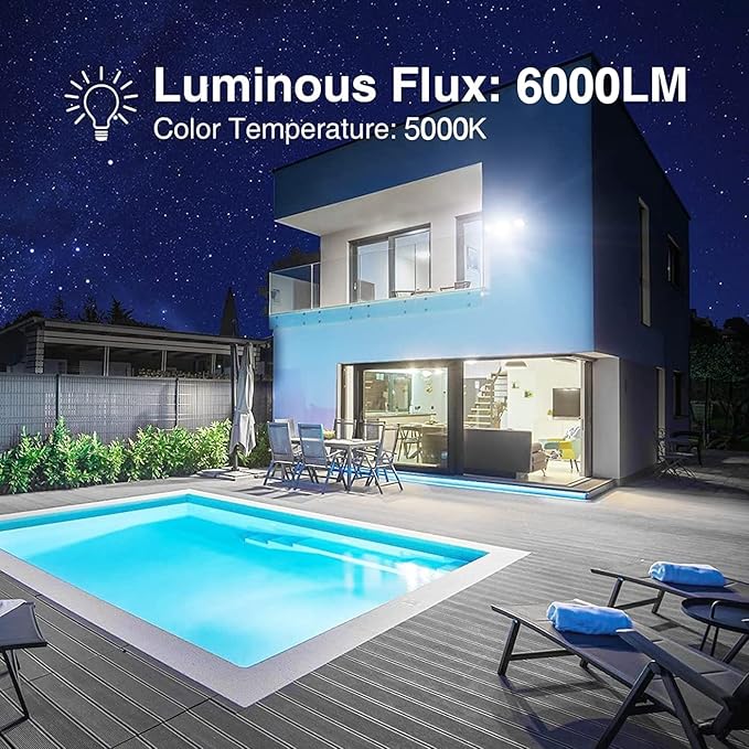 Outdoor Security Light, 5000LM Super Bright Flood Lights, 270° Wide Angle Exterior Lights with 3 Adjustable Heads, IP65 Waterproof, 5000K Wall Mount Aluminum Light for Porch, Garage, Backyard