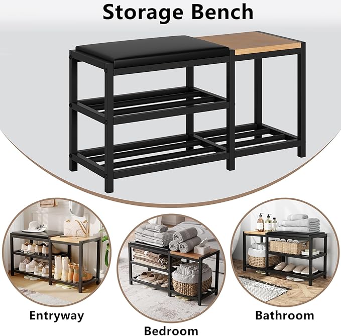 Shoe Bench,Shoe Organizer，Holds Up to 570 lb，12 x 30.7 x 17.3Inches，3-Tier Shoe Storage Bench,Entryway Bench with Cushioned Seats,for Shoe Rack in The Bathroom,Entryway,Bedroom,Living Room