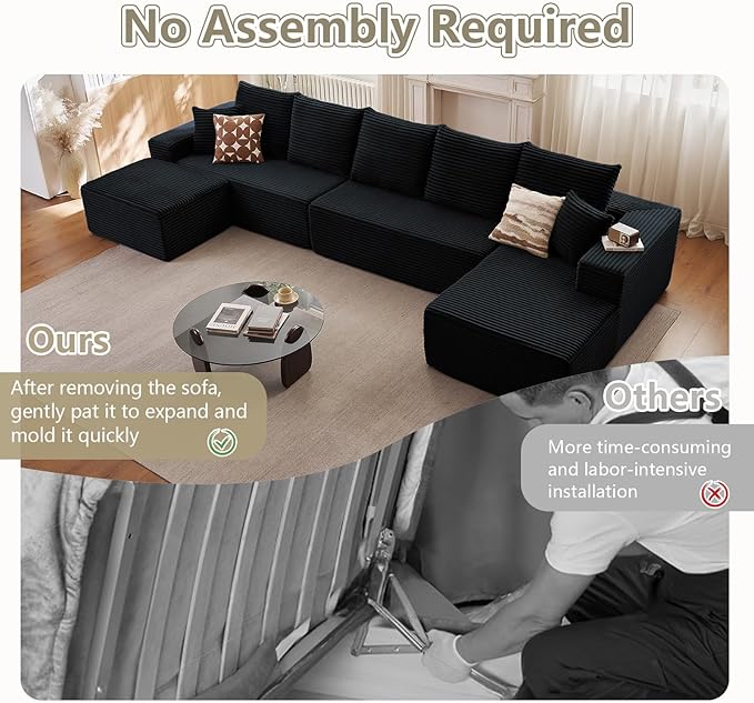 166.9" U-Shape Cloud Couch, Modern Modular Sectional Comfy L-Shape Sofa with Ottoman, Deep Seat, Upholstered Corduroy Sleeper Chaise Longue for Living Room Bedroom, No Assembly Required, Black