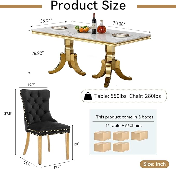 Goujxcy Faux Marble Dining Table Set for 6, Modern 7-Piece Dining Table Set with 6 Velvet Upholstered Chairs, 70" Large Long Faux Marble Kitchen Dining Room Table and Chairs with Stainless Steel Legs