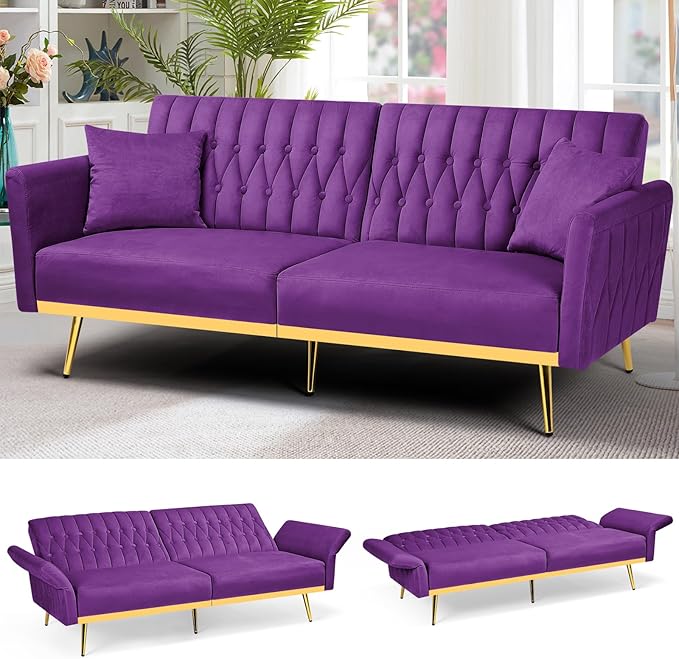 70” Velvet Futon Sofa Bed with 2 Pillows and Adjustable Armrests, Convertible Sleeper Bed W/Adjustable Backrests, Modern Loveseat for Living Room, Bedroom, Purpel