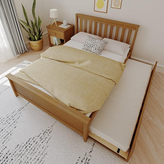 Max & Lily Full Bed, Wood Bed Frame with Headboard for Kids with Trundle, Slatted, Pecan