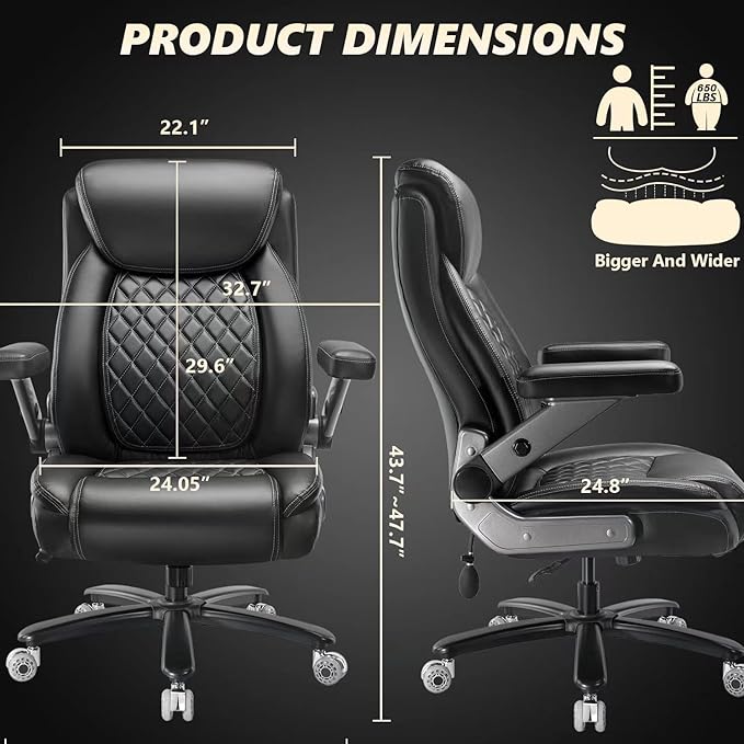 650LBS Big and Tall Office Chair with 5D Flip Arms and Thick Pocket Spring Cushion, Extra Wide Heavy Duty Office Chair with Adjustable Lumbar Support, Large High Back Computer Chair Dual Rubber Wheel