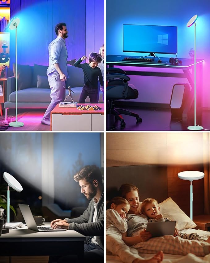 Bright Floor Lamp for Living Room, 42W LED Room Lights with Remote, 3700LM RGBW Modern Tall Standing Light, Color & Brightness Dimmable, UFO Ring Lamp,1/2/3H Timer for Bedroom,Office(Blue