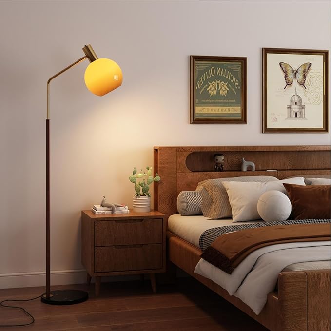 MIXL-Walnut Wood Finish Floor Lamp with Orange Shade,Dimmable Led Glass Standing Lamp,Farmhouse Style Floor Reading Lamps for Living Room Bedroom and Office