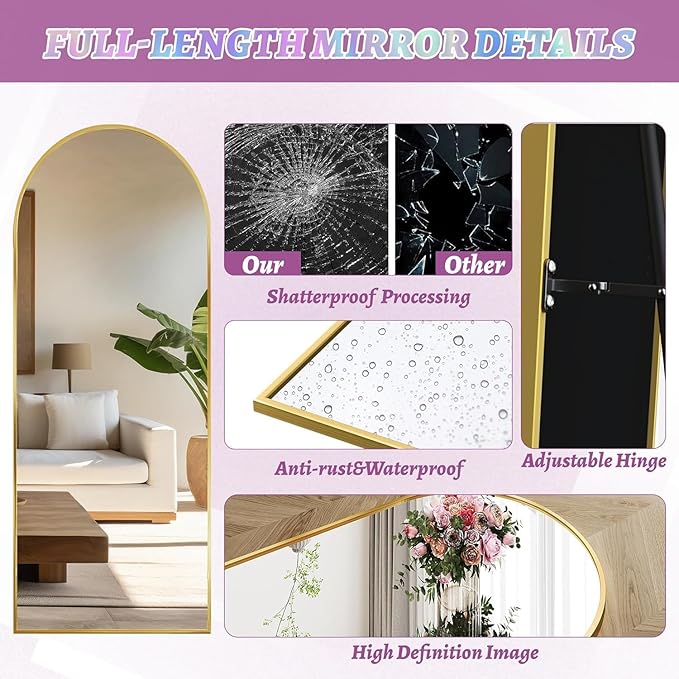 Floor Mirror, 71"×32" Full Length Mirror with Stand for Bedroom Living Room, Gold