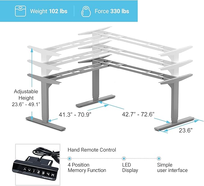 Standing Desk Corner Frame. Adjustable Height and Width Legs with Triple Electric Motors for Home Office L Shaped Desk FLT-05 Grey