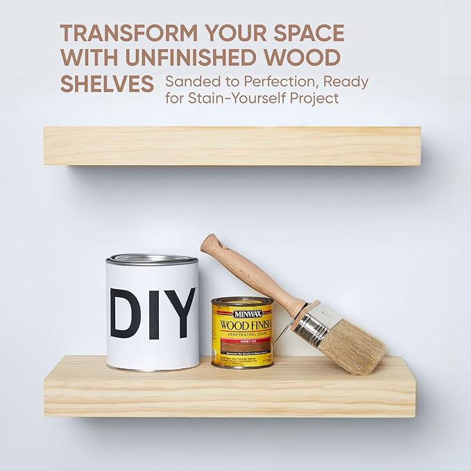 Homeforia 18 inch Wood Floating Shelves, High End Solid Natural Wood 18inch Floating Shelf for Wall Mounted, Unfinished Wooden 18in Floating Shelves, Heavy Duty Bracket, 18 X 6.5 X 1.75 inch, Set of 2