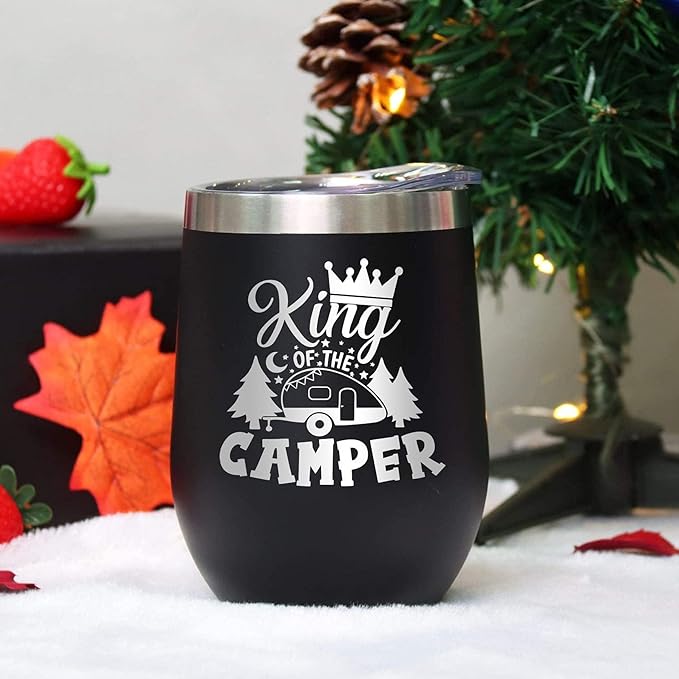 King of The Camper Wine Tumbler, Outdoor Camping Gifts Coffee Mug Cup, Camp Wine Glass Stemless Tumblers with Lid Stainless Steel Insulated Vacuum, RV Gifts for Campsite Travel Camping 12 Oz